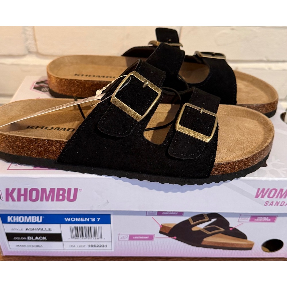 NWT Khombu Ashville Women 7 Black Suede Double Buckle Cork Slide Sandal Gorpcore